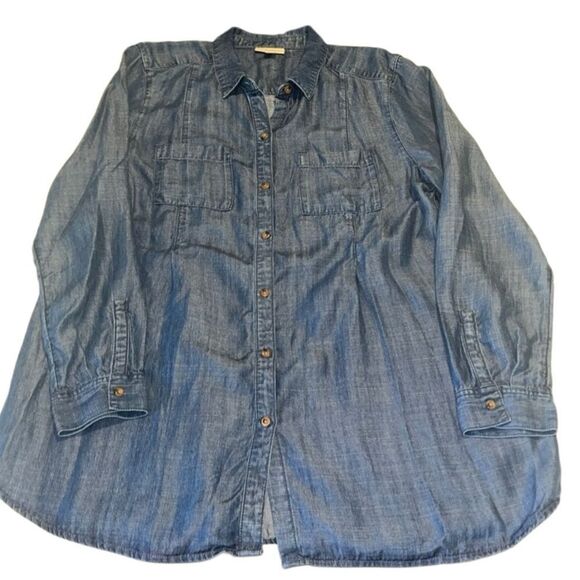 J. Jill Dark Blue Denim Button Up Long Sleeves Collared Top Size Medium - Picture 2 of 10